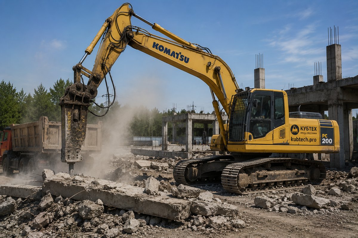 Аренда экскаватора с гидромолотом Komatsu PC200 в Краснодаре — Кубтех